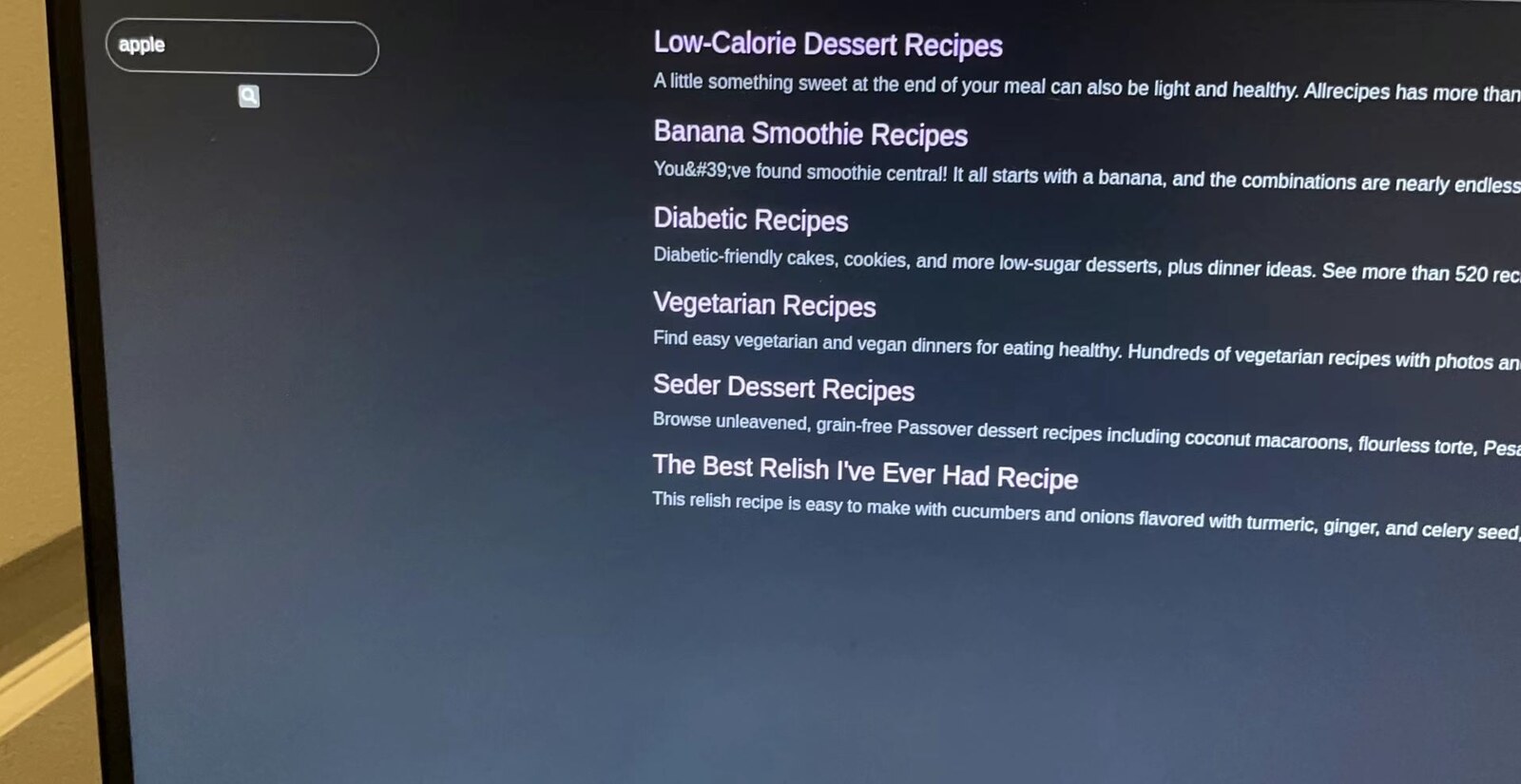 Search results displayed by the project front end
