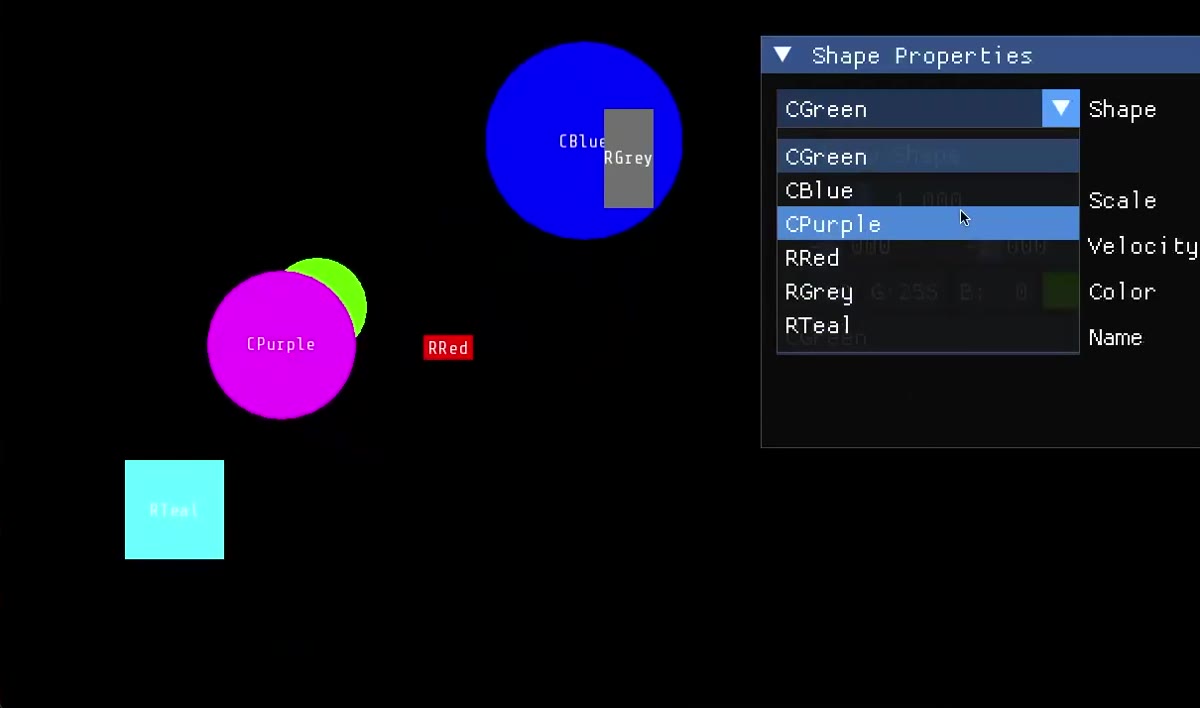 Assignment 1 reference solution: colored circles and rectangles with names drawn at their centers, and an ImGui Shape Properties panel with a shape drop-down open.