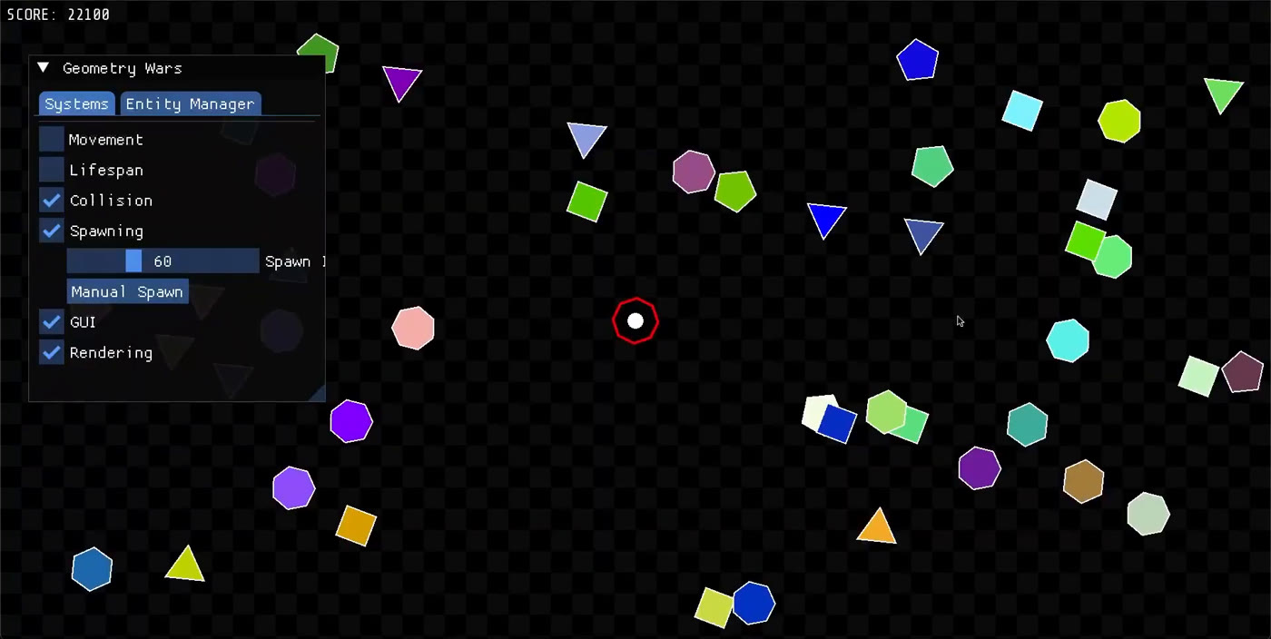Assignment 2 reference solution: dozens of colored polygons on a dark checkered background, a score in the top-left corner, and an ImGui window with checkboxes for the movement, lifespan, collision, spawning, GUI and rendering systems.
