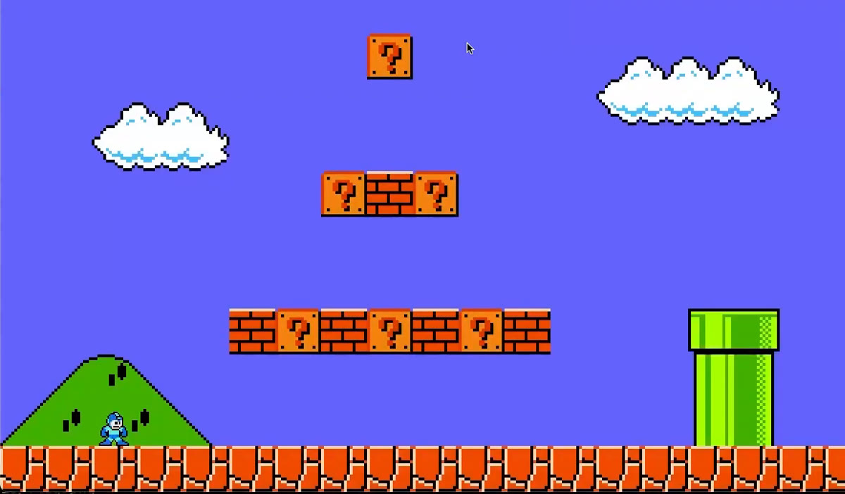 Assignment 3 reference solution: a Mega Man sprite standing on a brick floor in a Super Mario style level with question blocks, a green pipe, clouds and a hill.