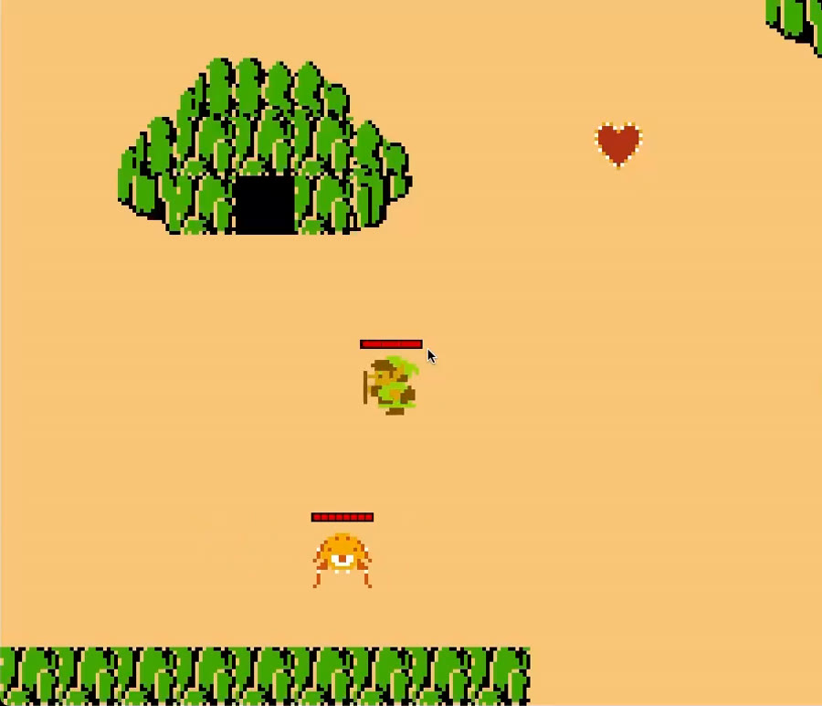 Assignment 4 reference solution: a Link-like player with a health bar, a heart pickup, a tree-covered cave entrance and an orange enemy with its own health bar on a sand-colored background.