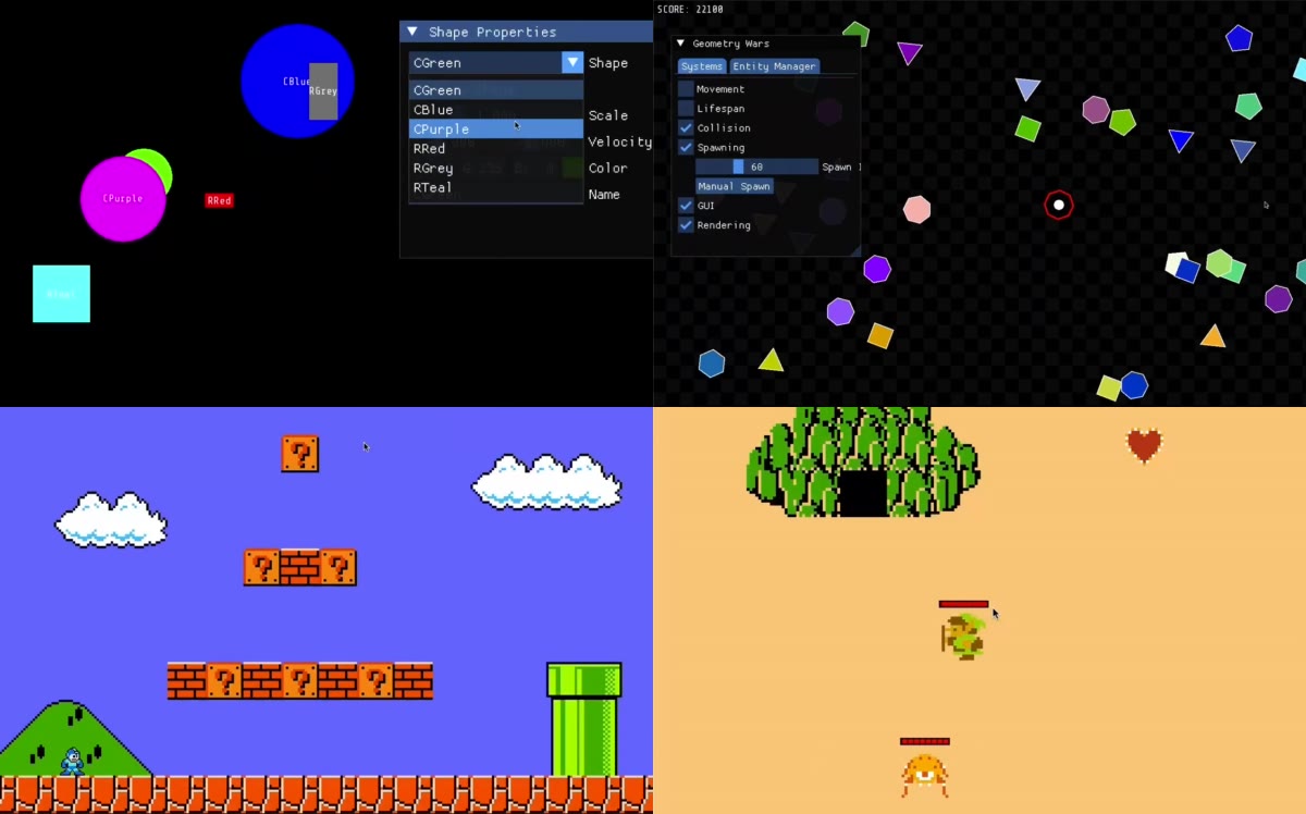 The four COMP 4300 reference games: bouncing shapes with an ImGui panel, a Geometry Wars clone, the Mega Mario platformer and a top-down Zelda-like game.