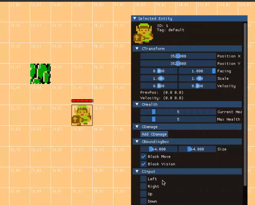 The level editor from lecture 16: a grid with cell coordinates, a Link sprite with a health bar, and an ImGui Selected Entity inspector showing transform, health, damage, bounding box and input components.