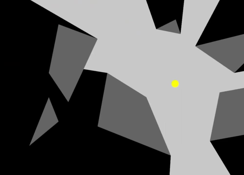 A visibility demo: gray polygons on a black background with a yellow light source and a light-gray region showing everything the light can see.