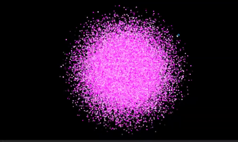 About 100,000 small pink and white particles forming a dense circular cloud on a black background.