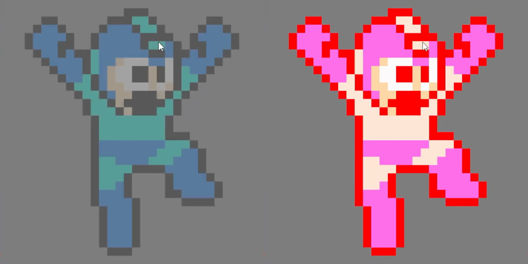 The same Mega Man sprite twice on a gray background: faded and washed out on the left, tinted pink with red outlines on the right.