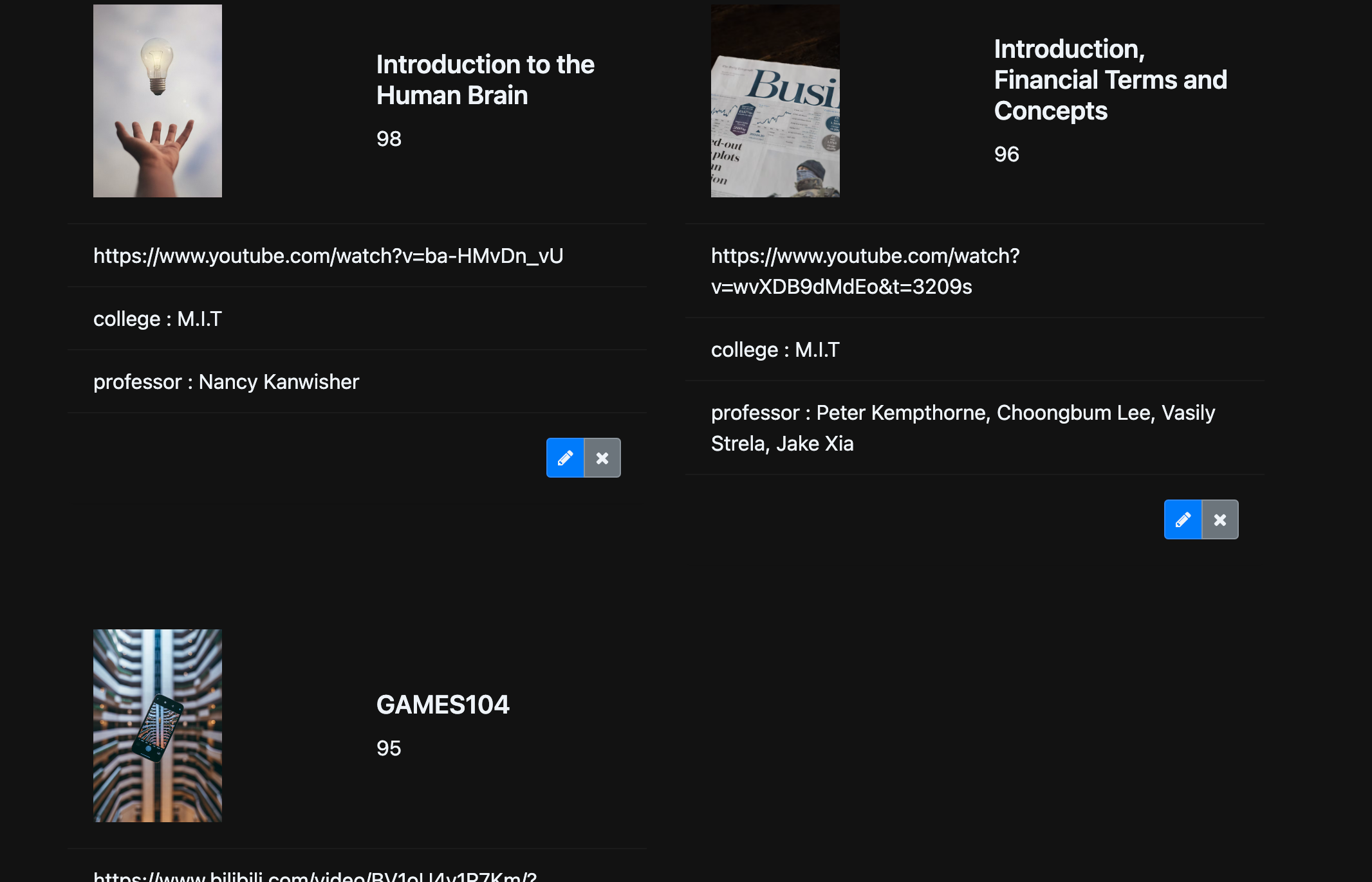 Course list after deletion