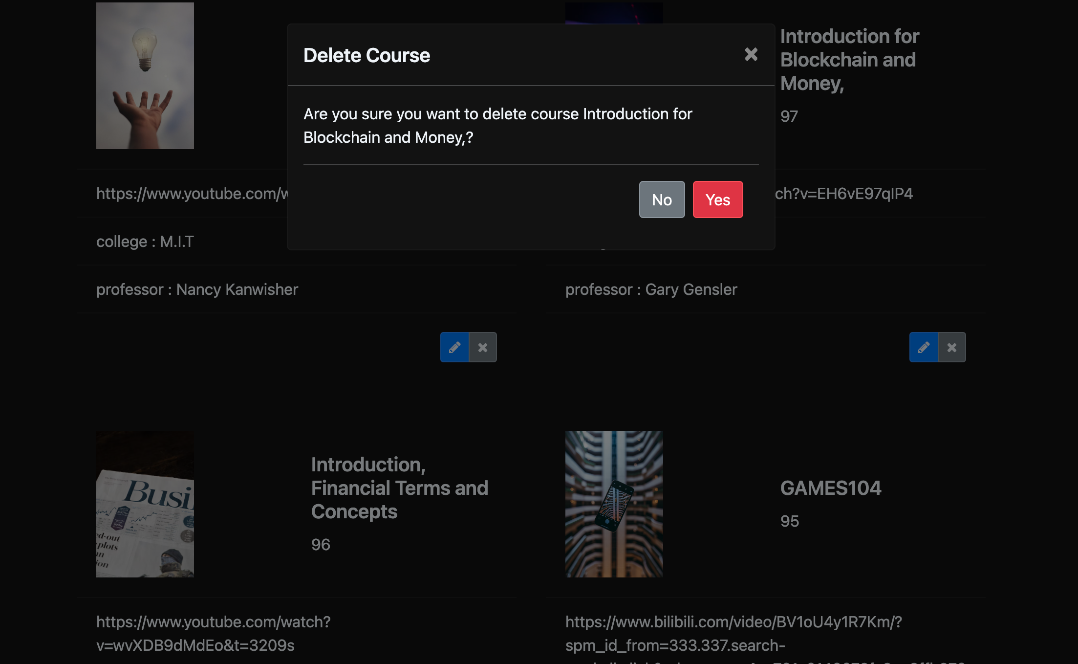 Selected course before deletion
